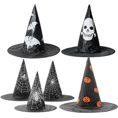 China Party Cosplay Props Halloween Hat Makeup Costume Props Party Cosplay Wizard Magic Hat Children Pumpkin Spider Bat Printing Adult Witch Hat for sale