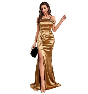 China 2022 Anti-wrinkle women's high-end simple off-the-shoulder slit evening dress satin dress temperament dress new for sale