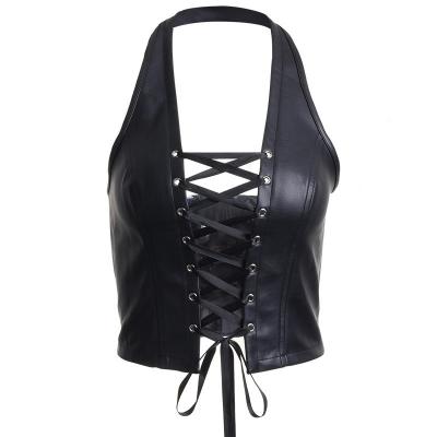 China 2022 Summer New Sexy Halterneck Cutout Tie Small Open Umbilical Pu Vest Women European and American Style Breathable Wear for sale