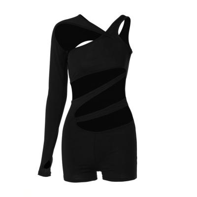 China New Fashion Solid Color Breathable Slim Hollow Sleeve One-Shoulder Black Short Overalls for sale