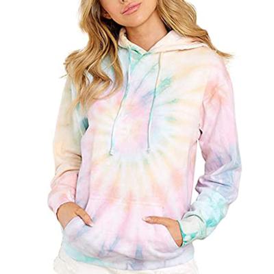 China Sustainable Fashion Tops Loose Drawstring Tie Dye Printed Sweatshirt Long Sleeve Pullover Hooded With Pocket Women's Hoodies for sale