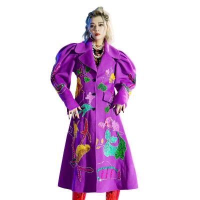 China Anti-wrinkle Korea Women Loose Woolen Coat Long With Petal Sleeve Woolen Overcoat Split Edge Cardigan Outerwear With Belt for sale