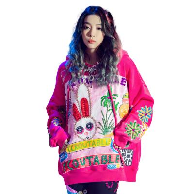 China Harajuku Women's Autumn Lovely Hoodies Females Street Wear Hooded Oversized Sweatshirts Anti-wrinkle Spring Sequins Cartoon Rabbit Embroidered for sale