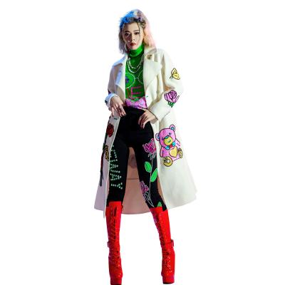 China News Spring Anti-wrinkle Turn-Down Slim Fit Women Coat Lady Fancy Bear Sequins Pattern Woolen Fashion Long Outwear for sale