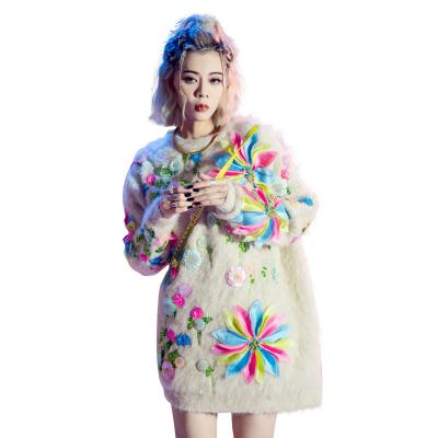 China Anti-wrinkle Winter Oversized Beading Flower Embellished Harajuku Casual O-neck Knitwear Loose Women's Sweater for sale