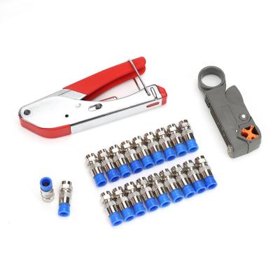 China Coaxial Crimping Tool Kit Coaxial Cable Crimper and Stripper Compression Set Kit Set CATV Coaxial Cable with 20pcs RG6 F Connectors for sale