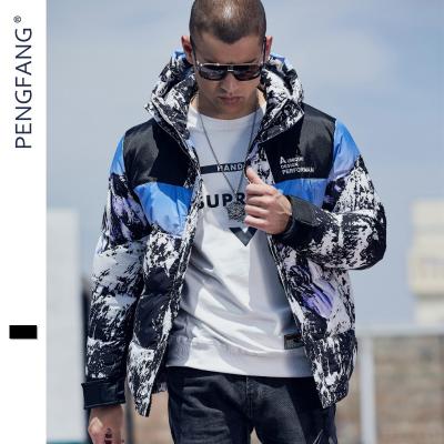 China Sustainable Fashion Snow Mountain Printing Loose Hooded Coat Mens Jacket Winter Wear for sale