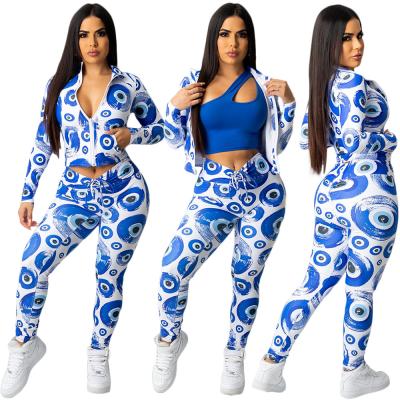 China Wholesale Women Windproof Sports Set Printed Loungewear Zipper Push Up Collar Crop Top Coat and Legging Two Piece Set for sale