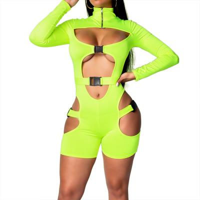 China Breathable Party Club Jumpsuit Women Hollow Out Jumpsuit Solid Color Shorts Bodycon Long Sleeve Nightclub Romper for sale