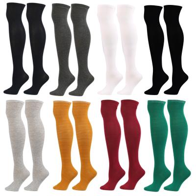 China Antibacterial Logo Solid Color Plain Cotton Custom Women's Breathable Girls Over The Knee High Long Socks for sale