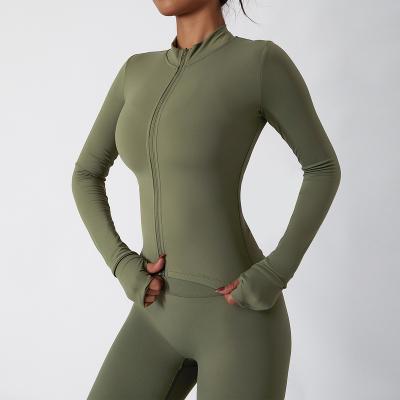 China Breathable Women Front Full Zipper Soft Compression Long Sleeve Crop Training Yoga Set Quick Dry With Thumb Hole for sale