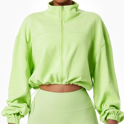 China Full Shaping Breathable Women's Soft Cotton Zipper Loose Running Hoodie Cotton Drawstring Cropped Fitness Sweatshirt for sale