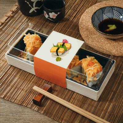 China Biodegradable Food Boxes Caterer Packaging Disposable Foldable Wooden Catering Lunch Sushi Box With Sleeve for sale