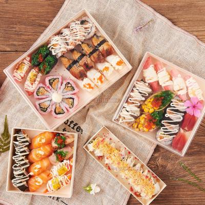 China Biodegradable Rectangular Lunch Box Sushi Crate Disposable Wooden Salad Wrapping Foldable Food Container Box for sale