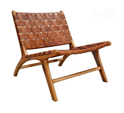 China (Other) Mid-Century Real Saddle Danish Leather Outdoor Teak Wooden Vintage Lounge Chair Adjustable Woven Vegetable Tanned Leather for sale