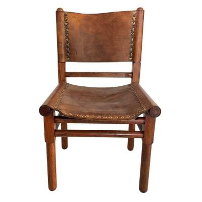 China Mid Century Handmade Antique Saddle Leather (Other) OAK Adjustable Teak Wood Vegetable Tanned Leather Industrial Vintage Dining Chair Customized for sale