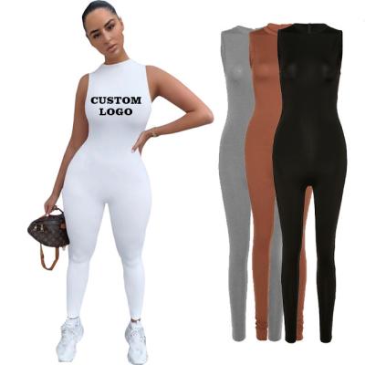 China Anti-pilling OEM Custom Logo Screen Printing Solid Color Full Body Women's Casual Sleeveless Jumpsuit Sports Suit for sale