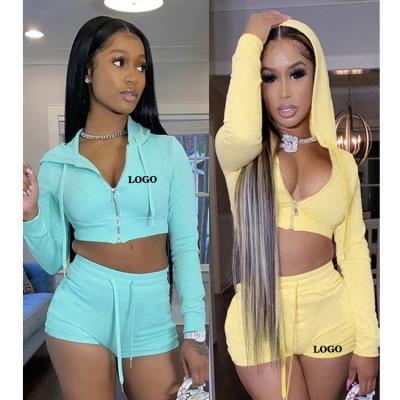 China Breathable In Running Women Biker Short Sets 2 Piece Apparel Zipper Hoodie Women Crop Tops Two Piece Set Apparel for sale