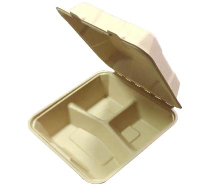 China Biodegradable Sugar Cane Pulp Lunch Box Bagasse 3 Compartment Food Container Clamshell for sale