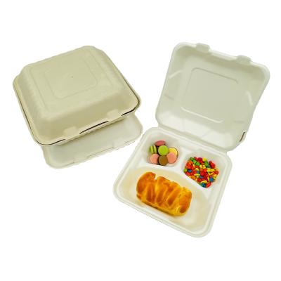 China 3 Compartment Takeout Box Container Eco Friendly Biodegradable Sugarcane Bagasse Top Block for sale