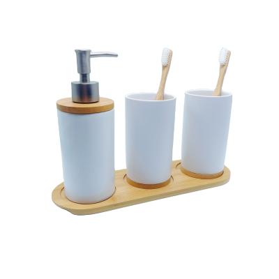 China White Ceramic Mug Stocked With Bamboo Mat Base Bathroom Set Green Wash Pack for sale