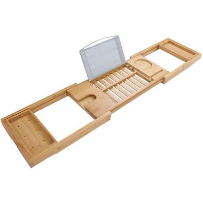 China Sustainable Premium Bamboo Bathtub Tray Caddy Wood Bath Expandable with Book Wine Holder for sale