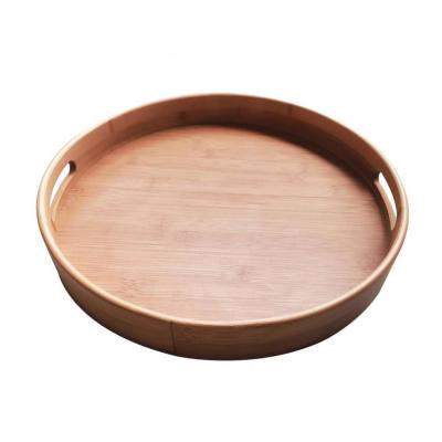 China Eco - Friendly Bamboo Wood Natural Round Food Serving Tray , Raised Edge With Cutout Handles for sale