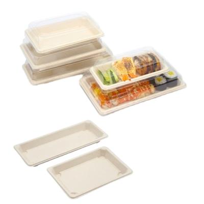 China 100% Biodegradable Biodegradable Sugar Cane Disposable Basing Sushi Tray With Lid Take Out Food Container for sale