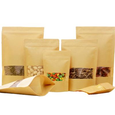 China Disposable Paper Ziplock Bag Reseal Reusable Food Packaging Bag Holder Up Kraft Paper Pouch With Window for sale