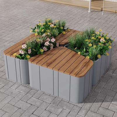 China Persoonlijke grootte park metalen bank met planter outdoor hedendaagse tuinbank Te koop