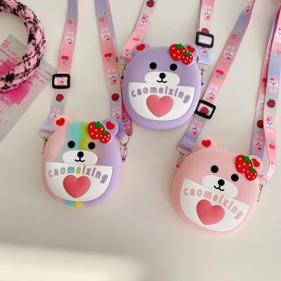 China New Cute Fashionable Durable Strawberry Bear Girls One Shoulder Bags Lovely Waterproof Silicone Women Handbags With Strap Kids Coin Purse for sale