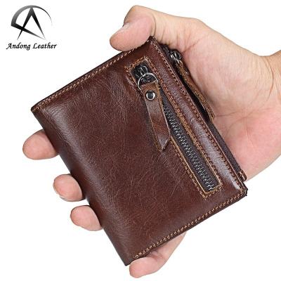 China Andong Factory RFID Genuine Leather Cowhide Wallet For Men RFID Blocking Top Layer Cowhide Buckle Zipper Purse Man Card Holder for sale