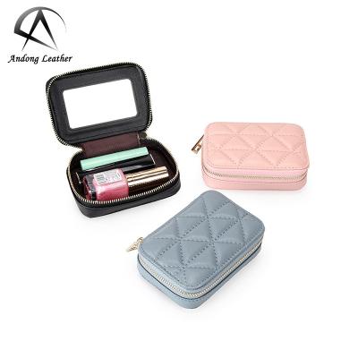 China Portable Genuine Leather Bag Fashion Lipstick Ladies Dress Cow Storage with Mirror for Women Makeup Pouch Small Coin Purse Cosmetic for sale