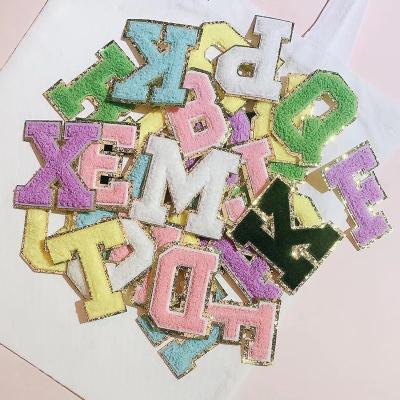 China Logo Name Patch Viable Custom Iron On Embroidered Badge Sticker University Letter A Z Glitter Chenille Letter Alphabets for sale