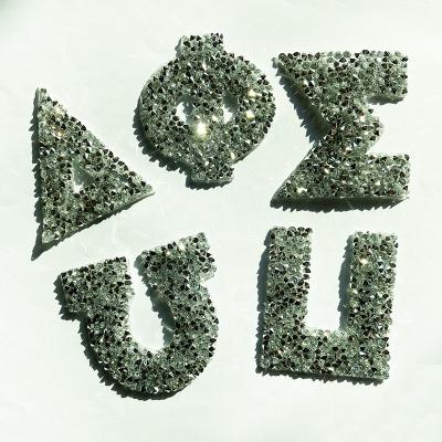 China 3D Wholesale Low Price Crystal Rhinestone Alphabet Iron On Heat Solder Silver Greek Patch Glue DIY Bag Letter Accessory For Garment for sale