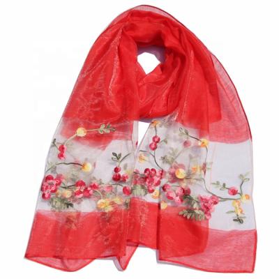 China Daily Lifestyle Color Sheer Light Thin Lace Women's Silk Scarves Shawls With Embroidery Flowers for sale