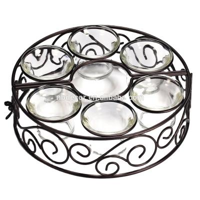 China Home Decoration Round Black Wrought Iron Table Candlestick Candle Holders With 6 Votive Glass Cups for sale