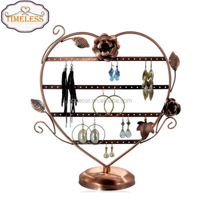 China Factory direct copper color heart shaped jewelry display with roses metal jewelry display earrings rack for sale