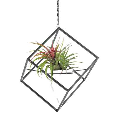 China Factory Directly Hanging Art Hanging Metal Cube Frame Modern Black With Ceramic Planter for sale