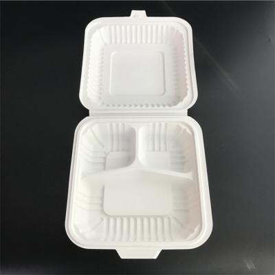 China Paper Pulp Bagasse 3 Compartment Clamshell Recyclable Disposable Food Container for sale