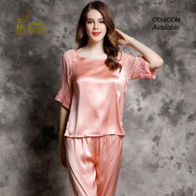 China Women Ladies Girls Silk Pajamas QUICK DRY Pajamas Autumn Short Sleeve Women Sleepwear Spring Pajamas Set With Lace for sale