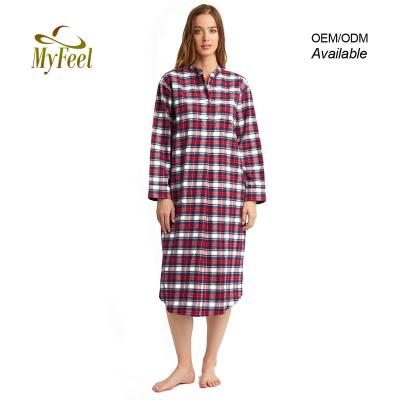 China Factory Wholesale Casual Button QUICK DRY Straight Down Cotton Plaid Nightgown Sleepwear Nightgowns With Pocket Chemise De Nuit for sale