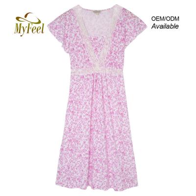 China QUICK DRY Floral Cotton Short Sleeve Nightgown Nursing Nightgown Feeding Sleepwear With V-Neckline Camison Maternidad Lace for sale