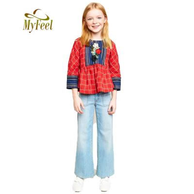 China Antibacterial Clothing Set Summer Little Kids Girl Clothes Boutique Flower Embroidered Plaid Kids Girls Top Clothes for sale