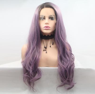 China As Picture New Product Chemical Fiber Wig 2021 Lace Front Synthetic Wig Purple Hair Color Wigs Long Curly for sale