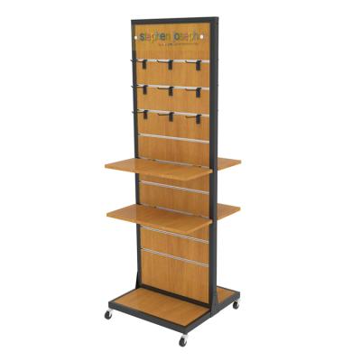 China Custom factory gift shelf display supermarket hook slatwall floor display rack custom made MDF rack for sale