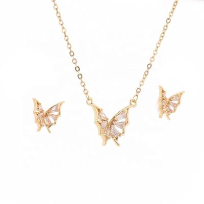 China Cute Trendy Gold Plated Zircon Butterfly Necklace And Earring Set Women Girls For Party Gift for sale