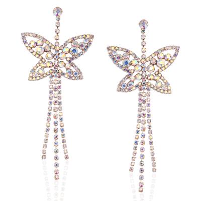 China New Trendy Bling Trendy Rhinestone Gold AB Long Butterfly Drop Earrings For Wedding Women Ladies for sale