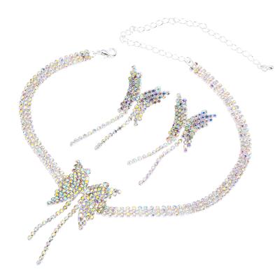 China Hot Sale Amazon Trendy Rhinestone Butterfly Choker Necklace With Earring Bling Tassel Chain Crystal Big Bow Statement Korean Jewelry Se for sale