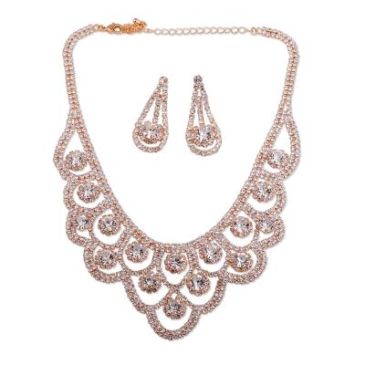 China Romantic Designer Rose Gold Flower Rhinestone Bridal Wedding Necklace Earring Jewelry Set for sale